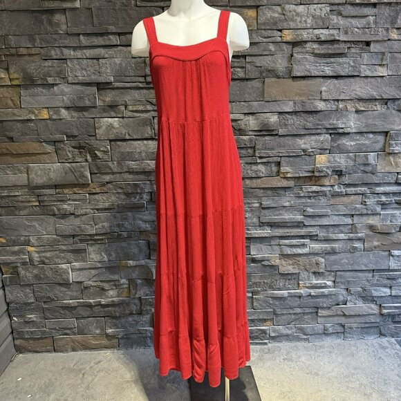 Knox‎ Rose Red Tiered Boho Peasant Long Sleeveless Maxi Dress Large Flowy Bright - Picture 1 of 9